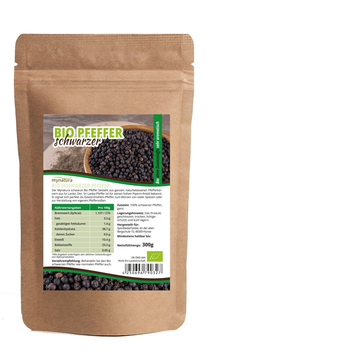 Mynatura Bio Schwarzer Pfeffer ganze Körner für Pfeffermühlen ab 300g
