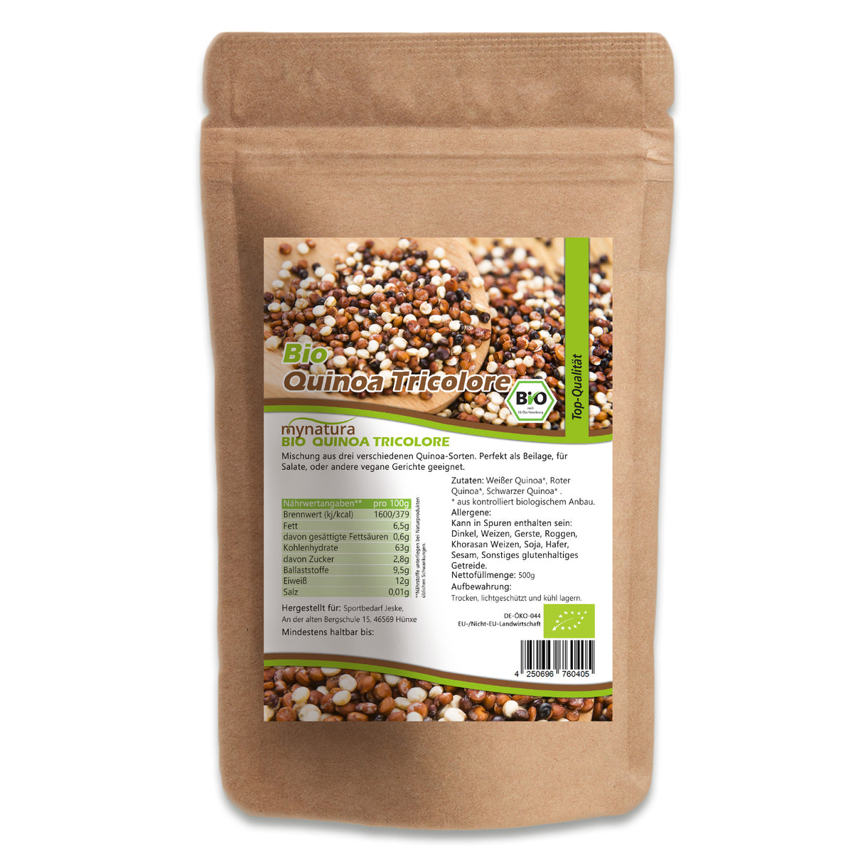 Bio Quinoa Tricolore Mischung im 500g Beutel, stehend vor weißem Hintergrund, Etikett mit Nährwertangaben und Zutaten sichtbar.