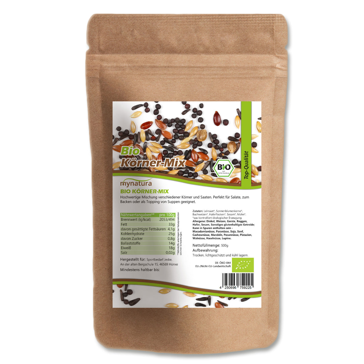 Mynatura Bio Körner Mix Beutel 500g, Vorderseite mit Etikett und Zutatenliste, verschiedene Samen und Kerne sichtbar, naturprodukt