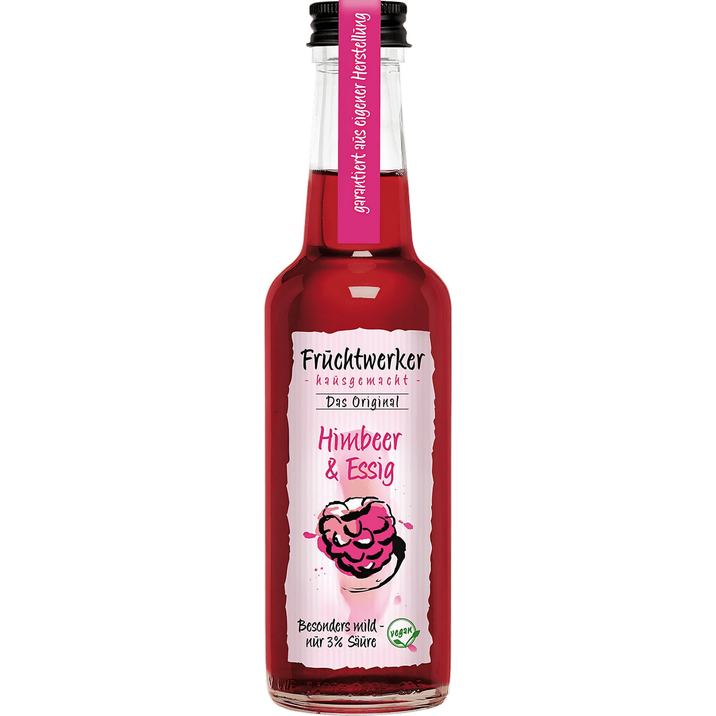Fruchtwerker Himbeer & Essig 250ml Flasche mit sichtbarem Etikett und Schraubverschluss, frontal vor weißem Hintergrund fotografiert.