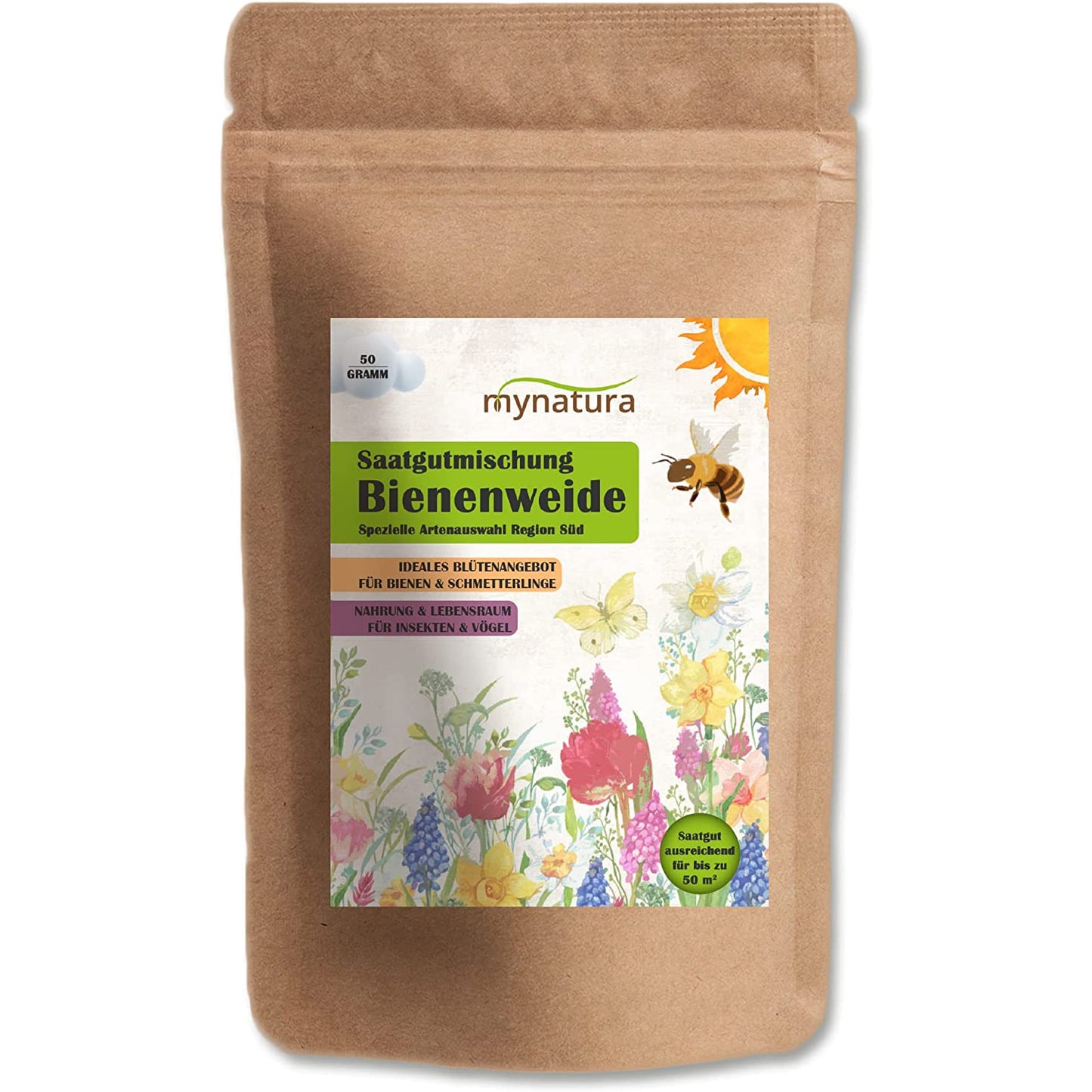 Vorderseite des Mynatura Bienenweide Beutels mit 50g Blumensamen, bunte Blumenillustration und Hinweise für bienenfreundliche wiesenfläche.