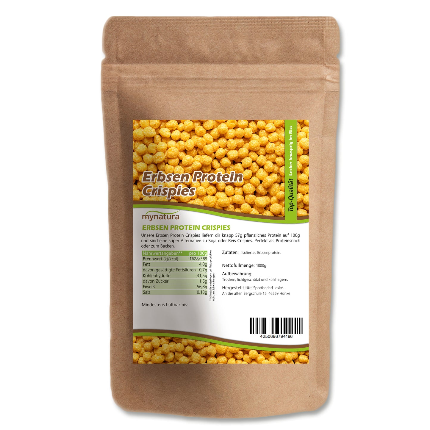 Beutel Mynatura Erbsenprotein Crispies 1000g vor weißem Hintergrund, Etikett mit Zutaten und Nährwerten für Superfood, geeignet fürs Kochen und Müsli.