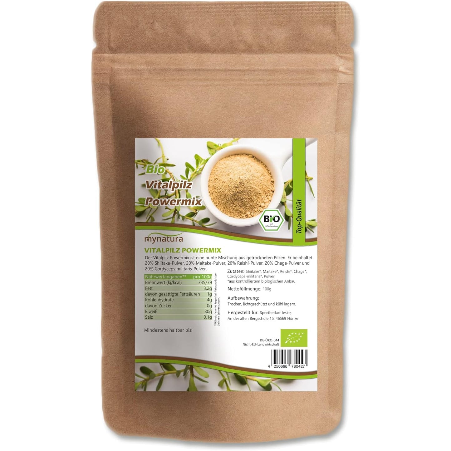 Mynatura Bio Vitalpilz Powermix 100g im braunen Beutel mit großem Etikett und Nährwertangaben auf weißem Hintergrund.