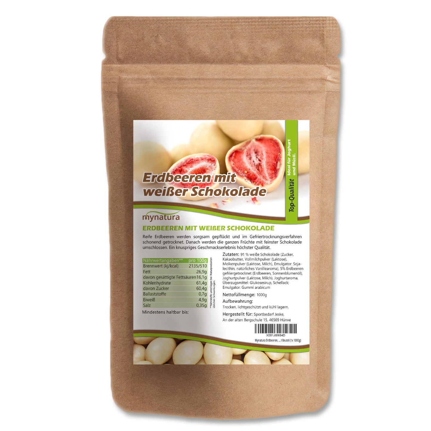 Erdbeeren gefriergetrocknet in weißer Schokolade - im Beutel 1kg