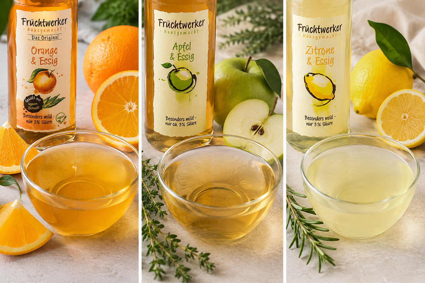 Fruchtwerker Essig und Frucht Set - Apfel + Zitrone + Orange