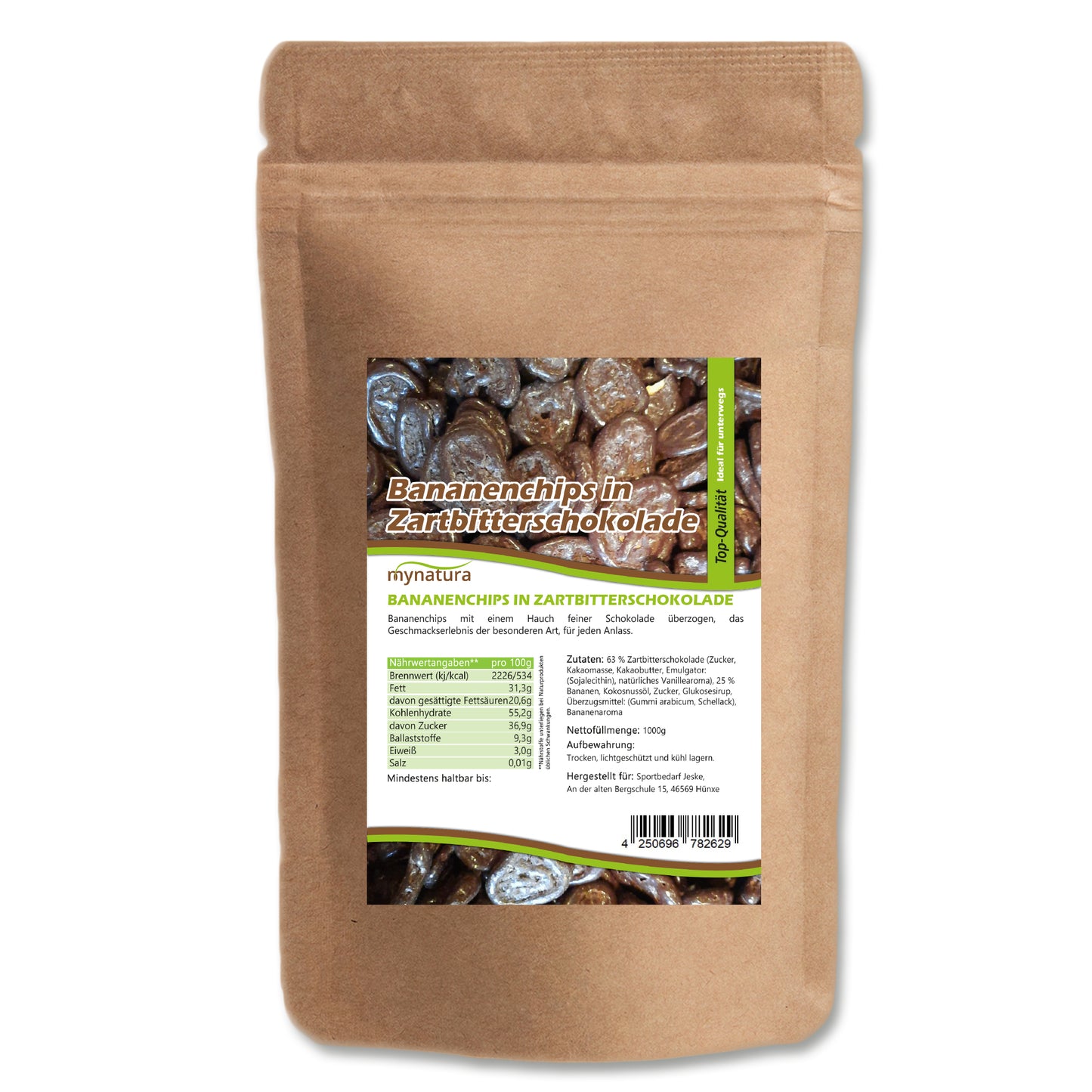 Bananenchips in Zartbitterschokolade – im Beutel
