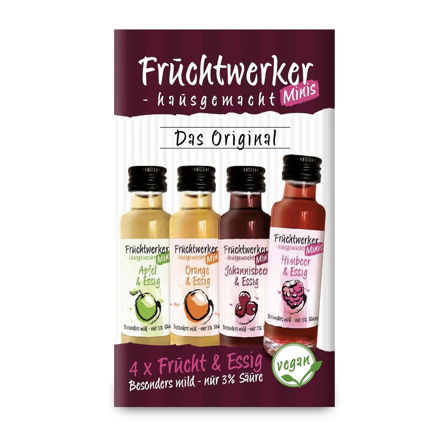 Fruchtwerker Minis 4er-Set - Himbeere, Orange, Johannisbeere + Apfel