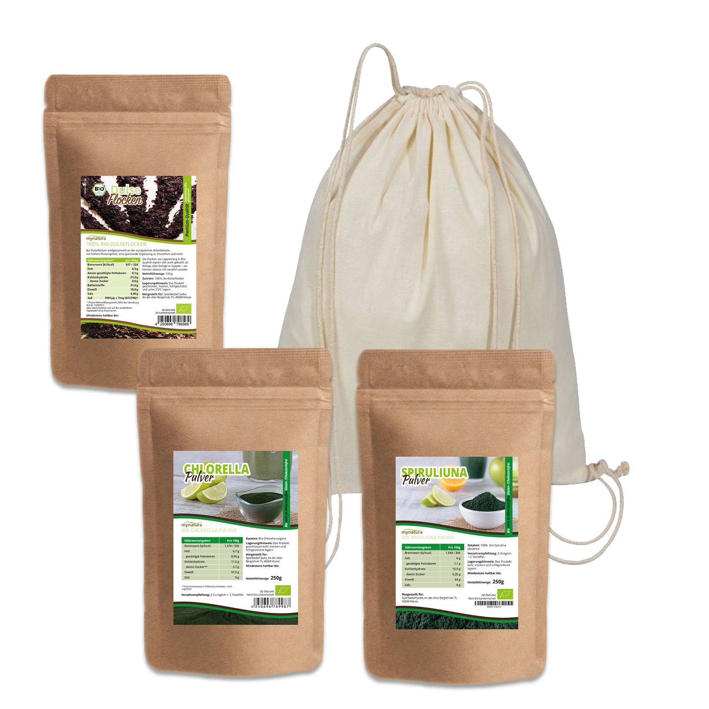 Bio Algen Set - Dulse Flocken (100g)- Chlorella Pulver (250g) - Spirulina Pulver (250g)