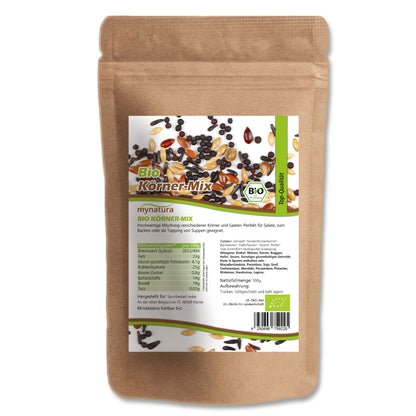 Mynatura Bio Körner Mix Beutel 500g, Vorderseite mit Etikett und Zutatenliste, verschiedene Samen und Kerne sichtbar, naturprodukt