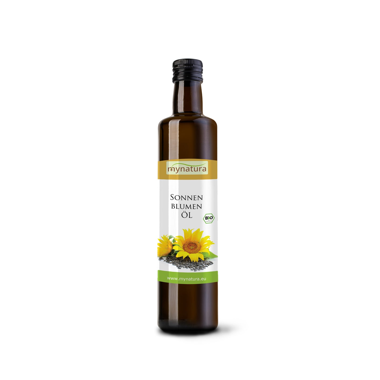 Braune Glasflasche Mynatura Bio Sonnenblumenkernöl kaltgepresst mit Sonnenblumenmotiv auf dem Etikett, stehend vor weißem Hintergrund.