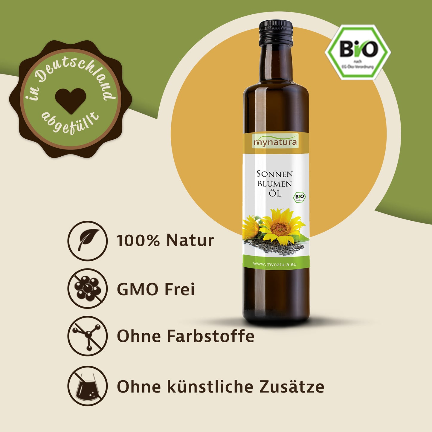 Sonnenblumenkernöl kaltgepresst in Glasflasche vor gelbem Kreis, daneben Symbole für natürliche Eigenschaften und Bio-Siegel.