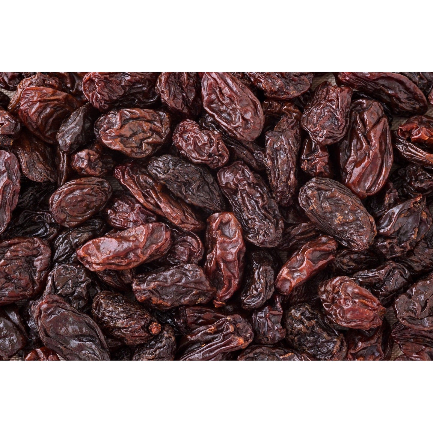 Nahaufnahme von vielen dunklen, getrockneten weinbeeren jumbo leicht geölt, ideal als vegane Früchte zum Backen oder Kochen.