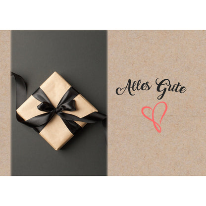 Karte Alles Gute mit gezeichnetem Herz, daneben ein in braunes Papier und schwarzes Band verpacktes Geschenk.