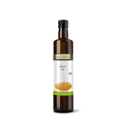Braune Glasflasche mit Etikett von Mynatura, darauf die Aufschrift Bratöl und ein Tropfen Öl, das kaltgepresste Bratöl ist vollständig sichtbar und steht aufrecht.