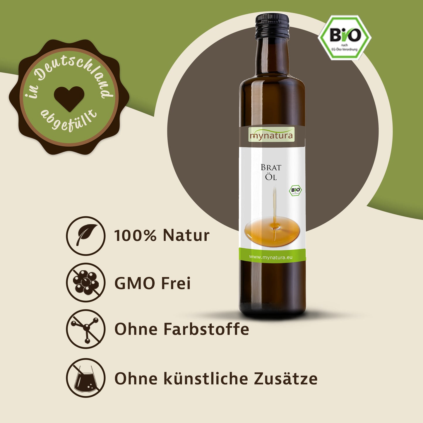 Kaltgepresstes Bratöl von Mynatura in der Flasche, daneben Symbole für natürliche Eigenschaften und ein Bio-Siegel auf grün-beigem Hintergrund.