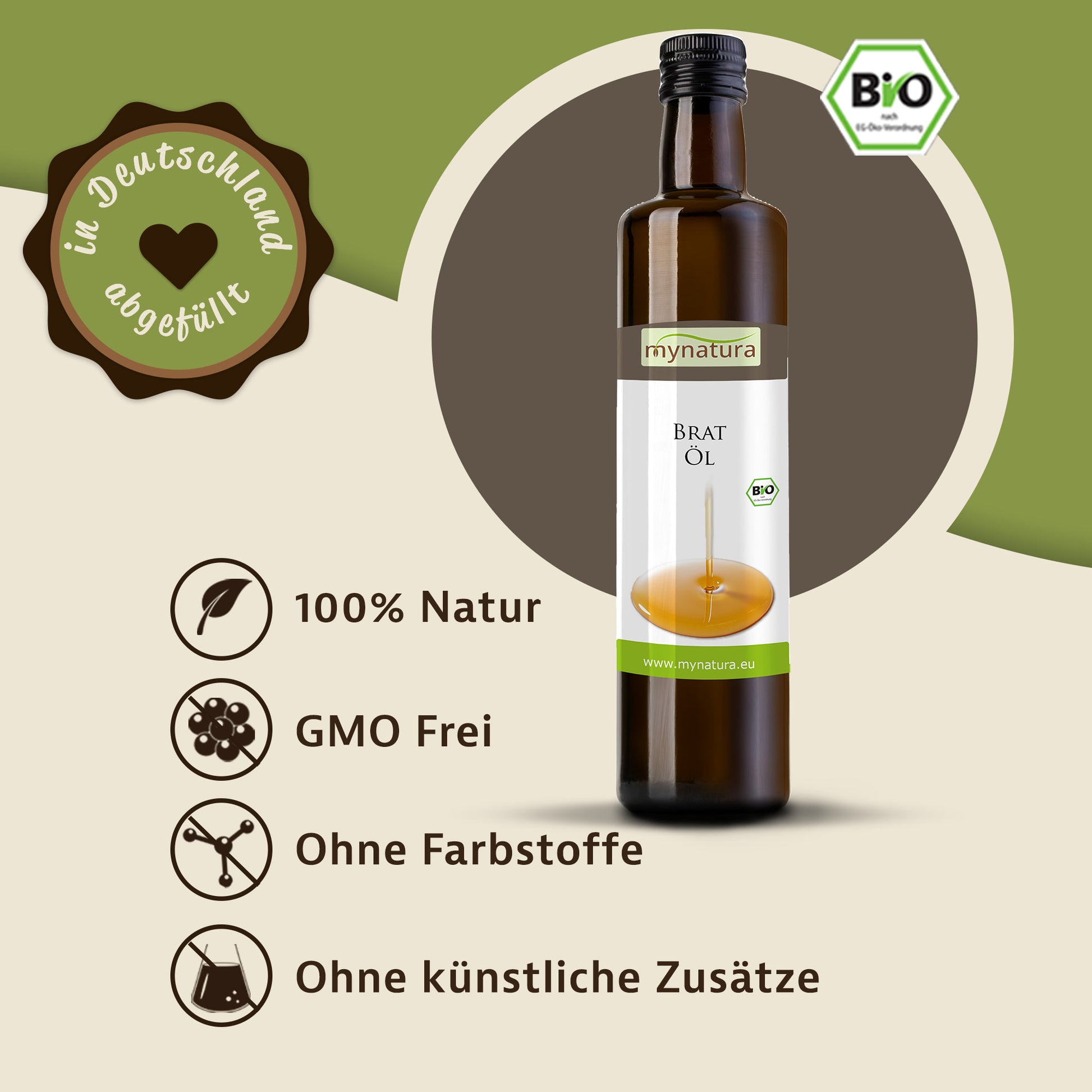 Kaltgepresstes Bratöl von Mynatura in der Flasche, daneben Symbole für natürliche Eigenschaften und ein Bio-Siegel auf grün-beigem Hintergrund.