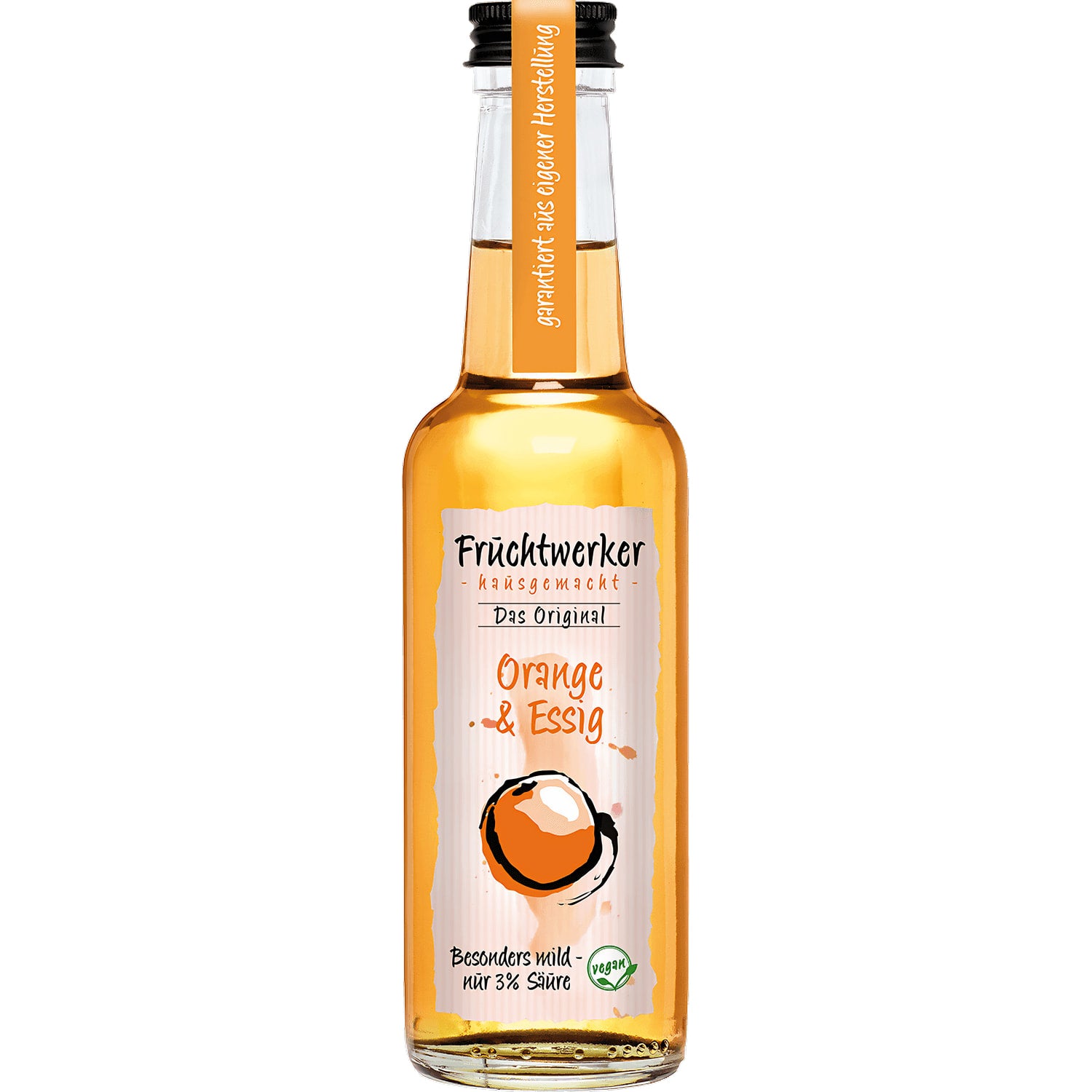 Frontalansicht einer einzelnen Flasche Fruchtwerker Orange & Essig mit sichtbarem Etikett auf weißem Hintergrund.