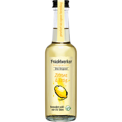 Fruchtwerker Zitrone & Essig Flasche mit gelbem Etikett und Zitronenmotiv, freigestellt auf weißem Hintergrund.