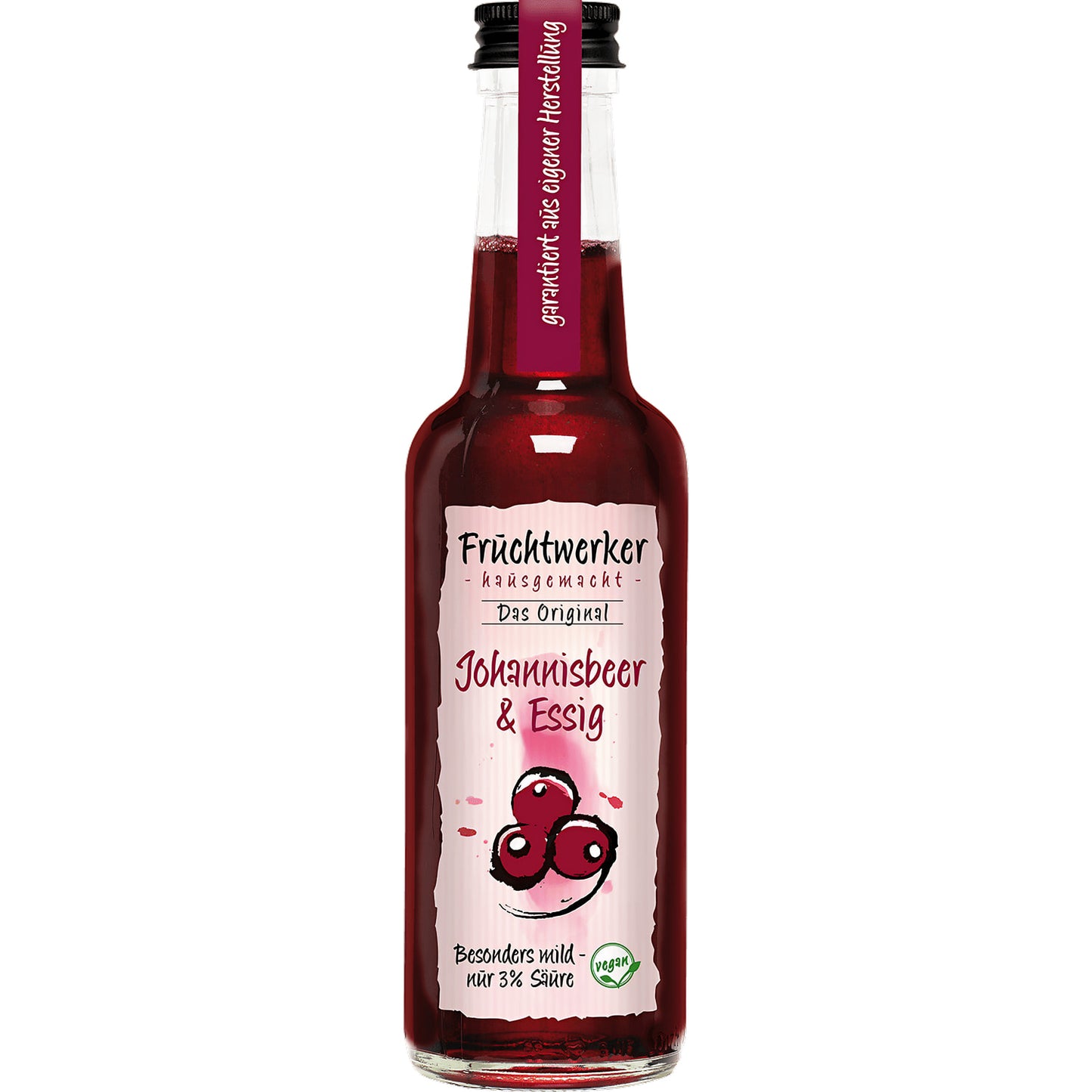 Fruchtwerker Johannisbeer-Essig 250ml Flasche mit rosa Etikett und illustrierten Johannisbeeren, freigestellt vor weißem Hintergrund.