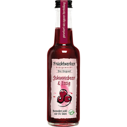 Fruchtwerker Johannisbeer-Essig 250ml Flasche mit rosa Etikett und illustrierten Johannisbeeren, freigestellt vor weißem Hintergrund.
