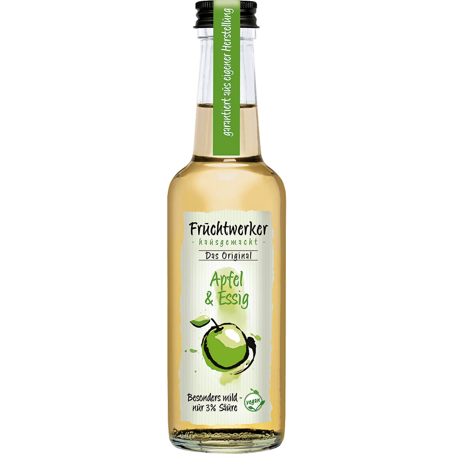 Fruchtwerker Apfel & Essig Flasche frontal freigestellt auf weißem Hintergrund, Etikett und Verschluss im Fokus.