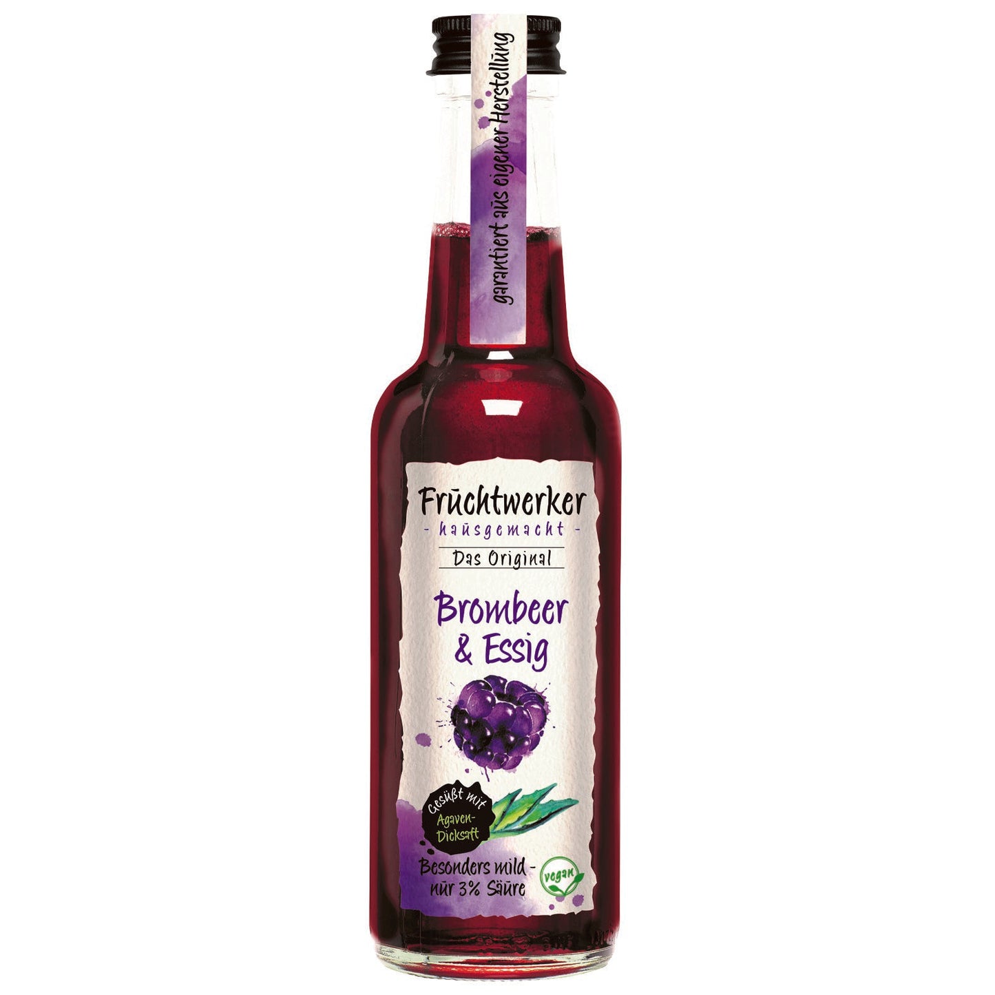 Fruchtwerker Brombeer & Essig Flasche stehend vor weißem Hintergrund, Etikett mit Brombeeren und Agave deutlich sichtbar.