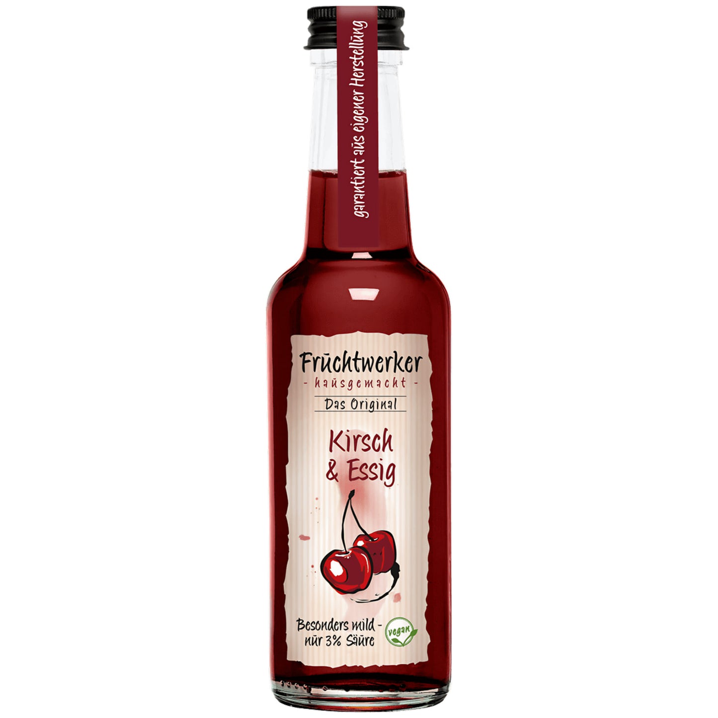 Fruchtwerker Kirsch & Essig 250ml freigestellt, die Flasche mit rotem Essig und Etikett auf weißem Hintergrund.