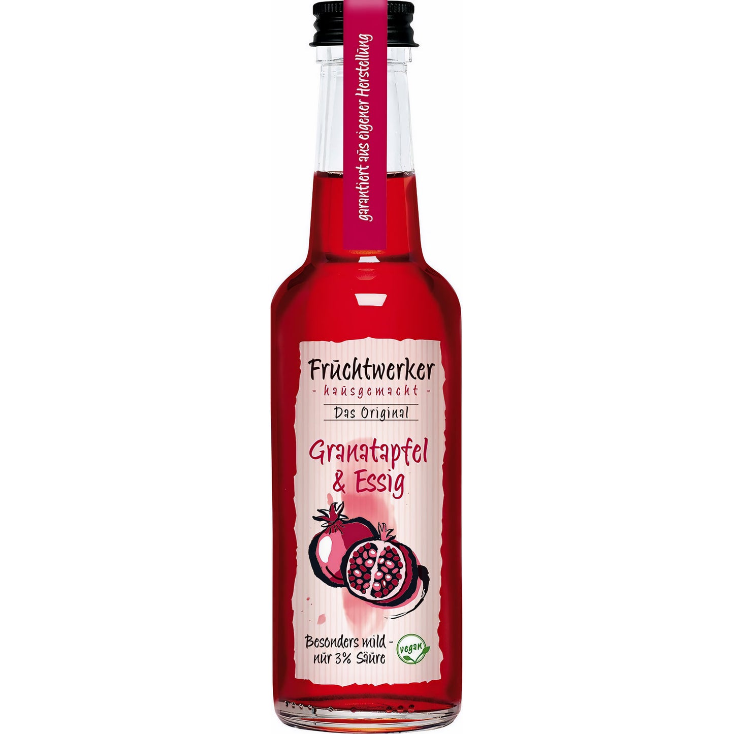 Fruchtwerker Granatapfel & Essig 250ml, Flasche frontal vor weißem Hintergrund, Etikett mit Granatapfelgrafik deutlich erkennbar.