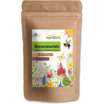 Beutel Mynatura Bienenweide bunte Mischung 50g, Vorderseite mit bunter Blumenillustration und Produktlabel auf weißem Hintergrund.