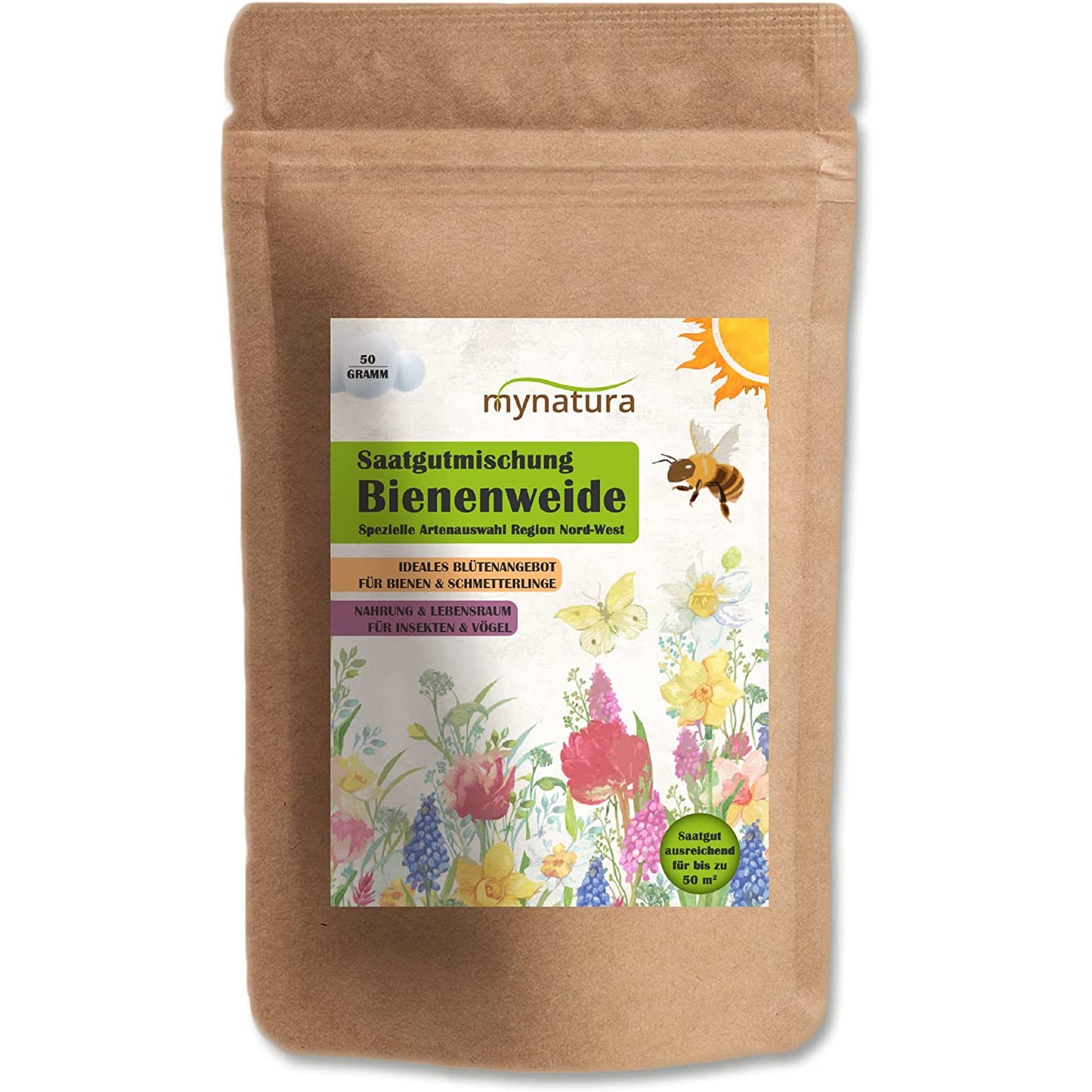 Frontalansicht des Mynatura Bienenweide Nord-West Bienen 50g Beutels mit bunter Illustration von Blumen für Garten und Balkon.
