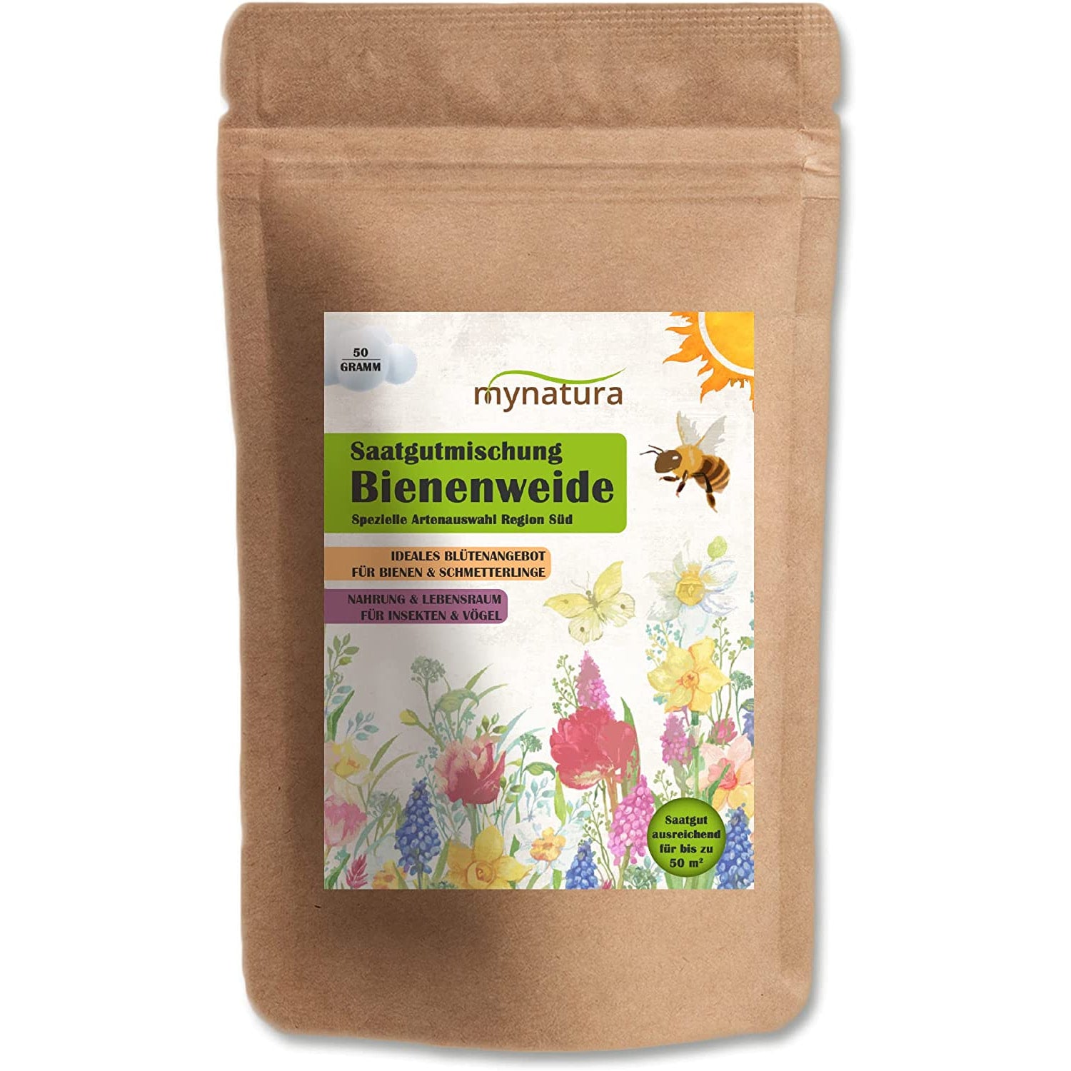 Vorderseite des Mynatura Bienenweide Beutels mit 50g Blumensamen, bunte Blumenillustration und Hinweise für bienenfreundliche wiesenfläche.