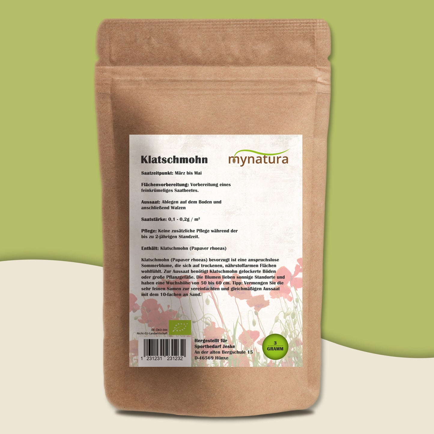 Rückseite des Beutels der Bio Mohnwiese Saatgutmischung mit ausführlicher Anleitung zur Aussaat und Pflege von Klatschmohn.