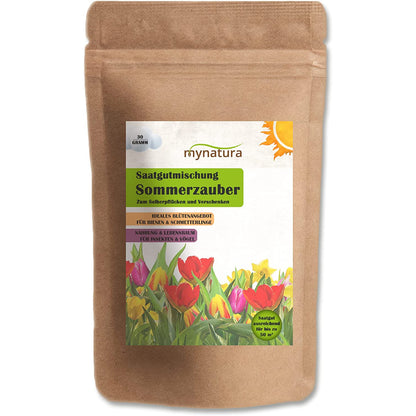 Vorderseite des sommerzauber Blühwiese Beutels von mynatura mit bunter Blumenillustration und Produktinformationen zum selberpflücken und verschenken.