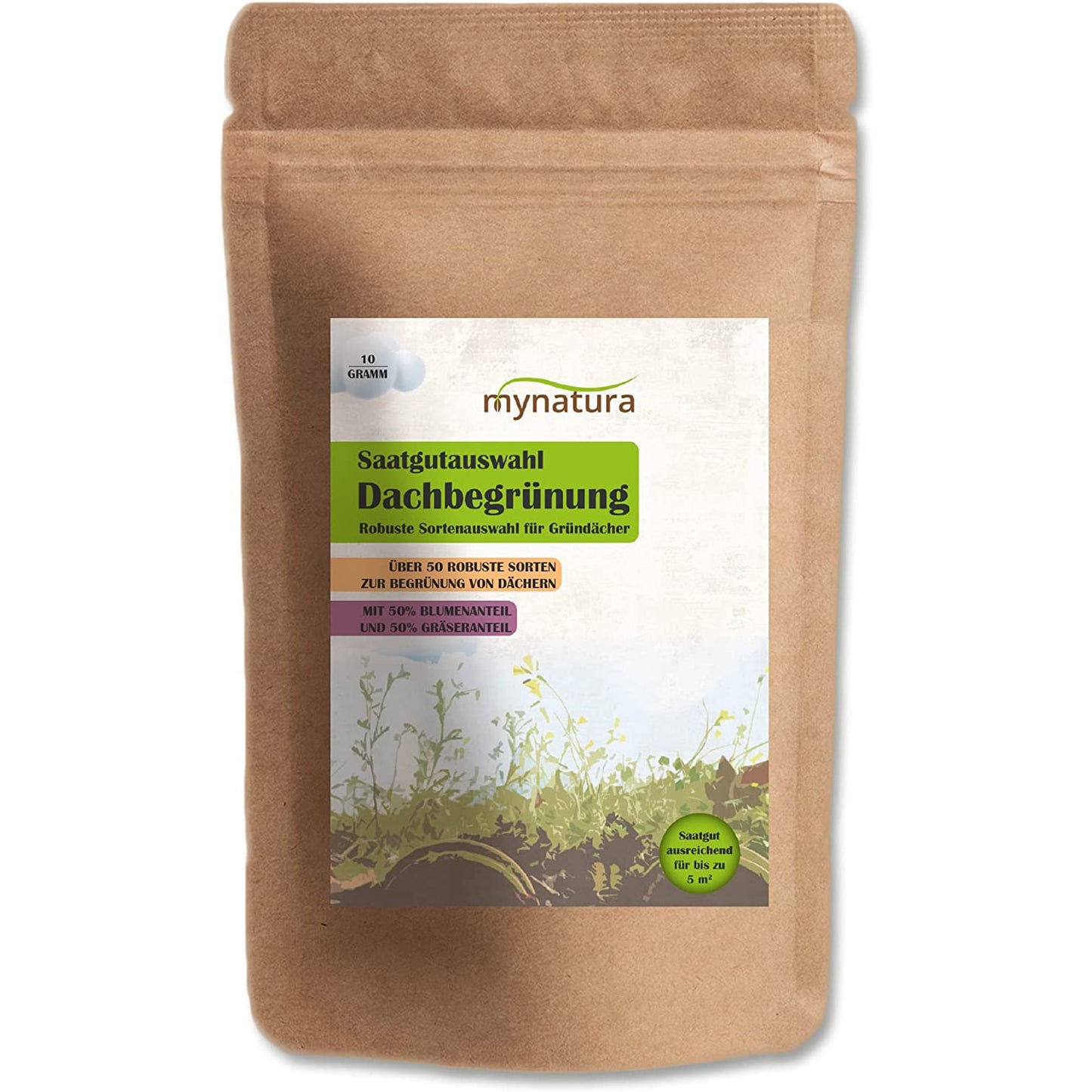 Beutel Mynatura Saatgutauswahl Dachbegrünung 10g, frontal freigestellt, Etikett mit Produktinformationen sichtbar