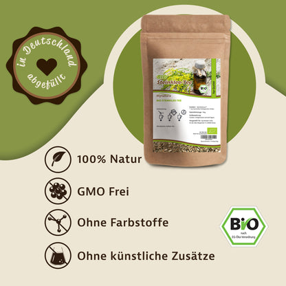 Steinklee-Kräutertee Beutel 100g auf grünem Hintergrund, daneben Siegel und Icons zu natürlichen Eigenschaften