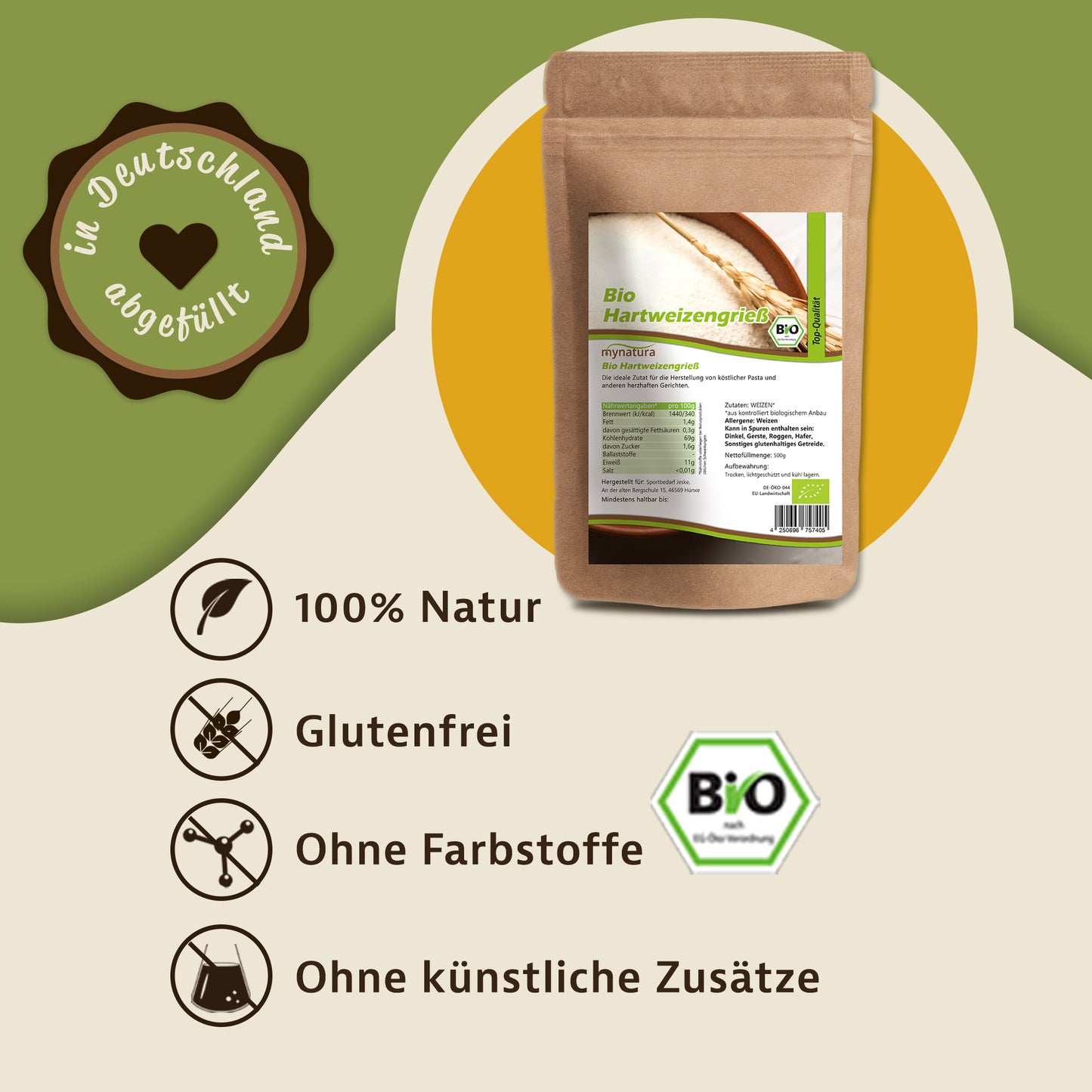 Abbildung des Hartweizengrieß-Beutels mit Siegeln und Symbolen für 100% Natur, vegan und ohne Farbstoffe, ideal für Nudeln und Superfood-Rezepte.