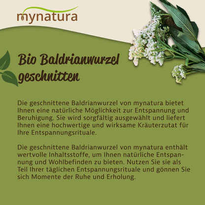 Nahaufnahme von blühender Baldrianpflanze und Text zu geschnittener baldrianwurzel als naturprodukt auf grünem Hintergrund.