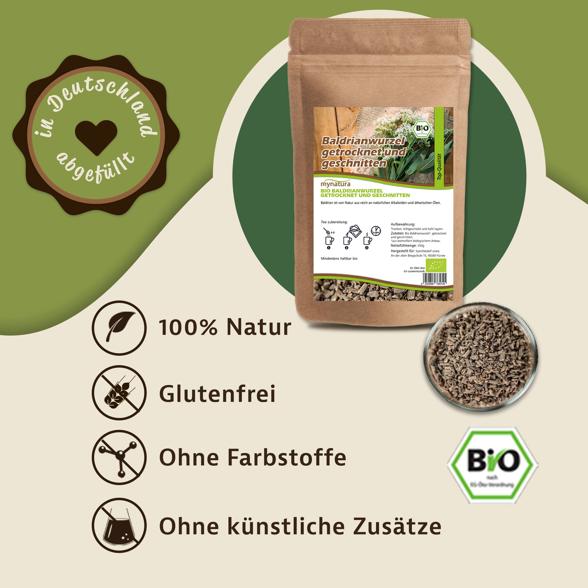 Grafik mit Beutel Bio Baldrianwurzel geschnitten, Schale mit getrocknetem baldrian, Bio-Siegel und Symbolen für naturprodukt, glutenfrei, ohne Farbstoffe und Zusätze.