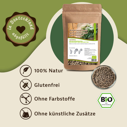 Grafik mit Beutel Bio Baldrianwurzel geschnitten, Schale mit getrocknetem baldrian, Bio-Siegel und Symbolen für naturprodukt, glutenfrei, ohne Farbstoffe und Zusätze.