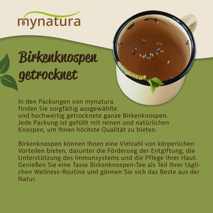 Tasse mit kräutertee aus birkenknospen getrocknet, daneben Text und mynatura Logo auf grünem Hintergrund.