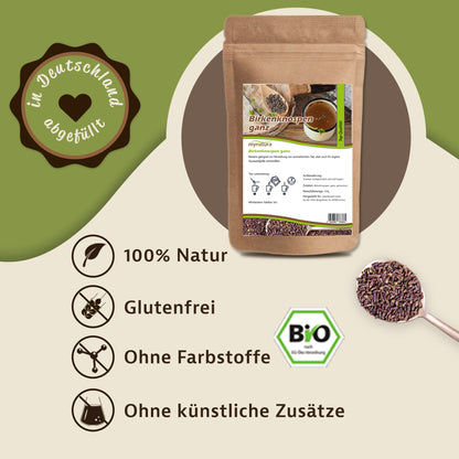 Beutel birkenknospen getrocknet 100g von mynatura mit Löffel kräuter und Bio-Siegel, daneben Produktvorteile auf grün-beigem Hintergrund.