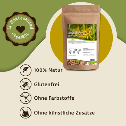 Beutel gelbe Enzianwurzel geschnitten, 100g, auf grün-beigem Hintergrund mit Symbolen für natürliche Zutaten, glutenfrei und ohne künstliche Zusätze.