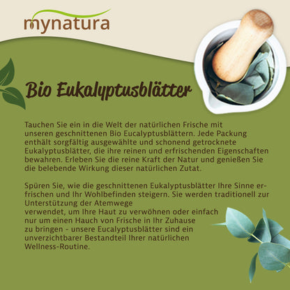 Grafik mit Mörser und frischen eukalyptusblättern, Text zu Bio Eukalyptusblätter geschnitten, Hintergrund in Grün und Beige gehalten.
