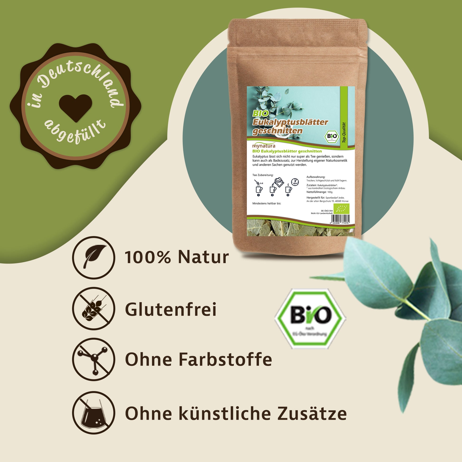 Werbegrafik mit Beutel Bio Eukalyptusblätter geschnitten, Symbolen für 100% Natur, glutenfrei, ohne Farbstoffe und ohne künstliche Zusätze, sowie Bio-Siegel.