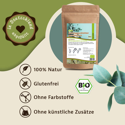 Werbegrafik mit Beutel Bio Eukalyptusblätter geschnitten, Symbolen für 100% Natur, glutenfrei, ohne Farbstoffe und ohne künstliche Zusätze, sowie Bio-Siegel.