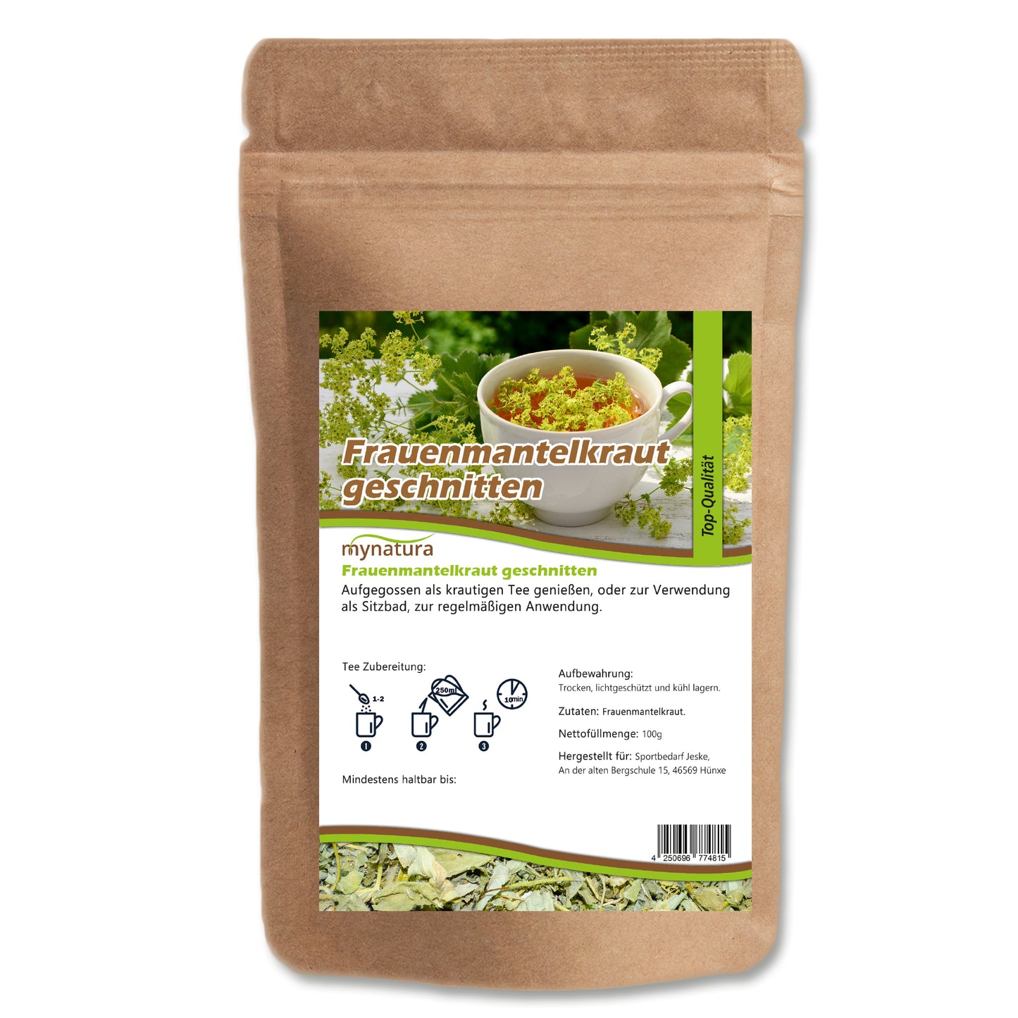 Beutel geschnittenes Frauenmantelkraut von mynatura, 100g, vor weißem Hintergrund, Etikett mit Produktinformationen sichtbar.