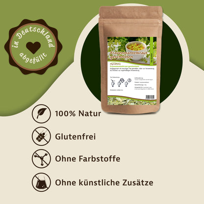 Beutel geschnittenes Frauenmantelkraut von mynatura, daneben Symbole für 100% Natur, glutenfrei, ohne Farbstoffe und ohne künstliche Zusätze.