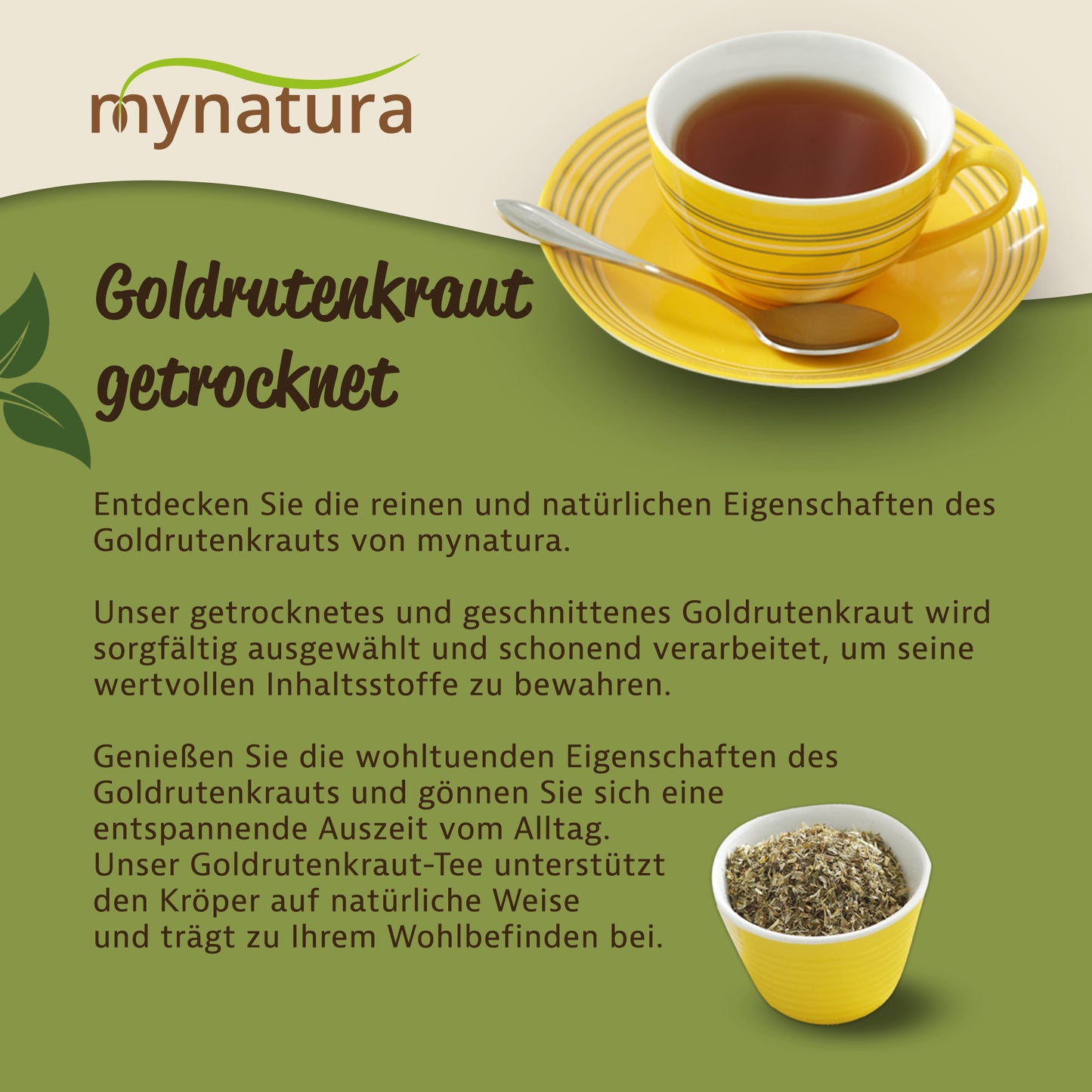 Gelbe Tasse mit Tee und Schale mit getrocknetem goldrutenkraut, daneben Text zu kräuter und nährstoffe.