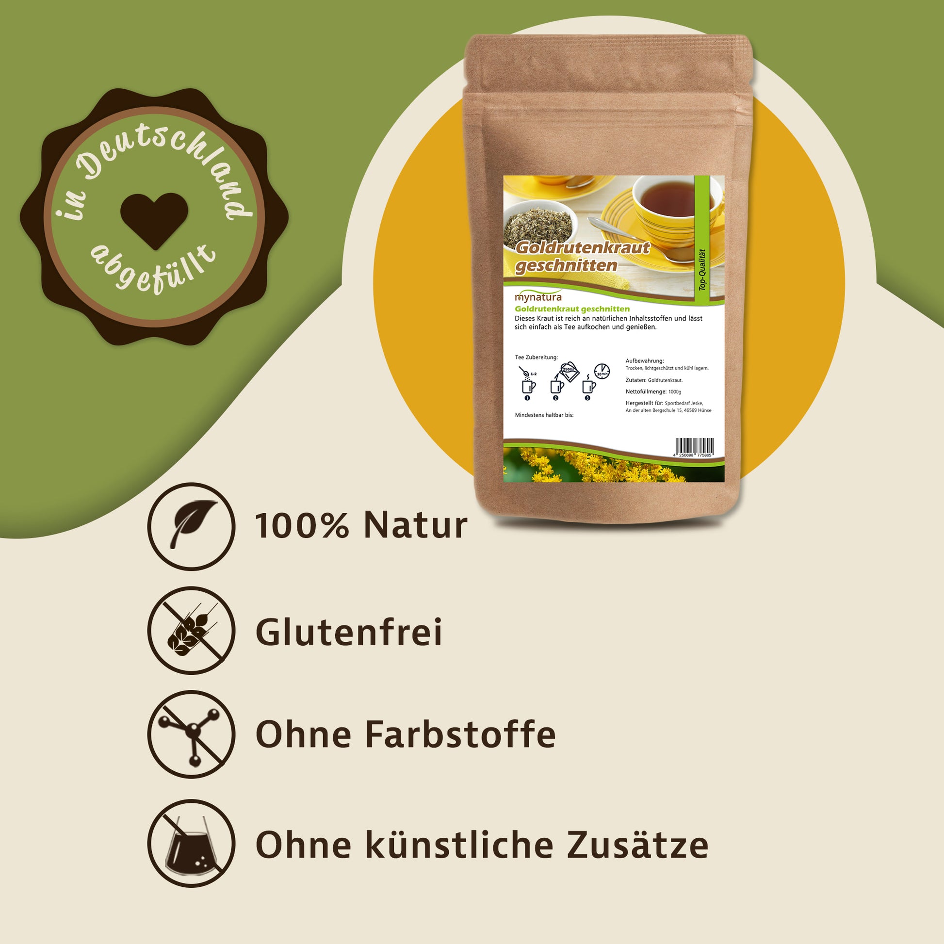 Beutel goldrutenkraut geschnitten auf grün-beigem Hintergrund, daneben Symbole für natürliches naturprodukt und nährstoffe.