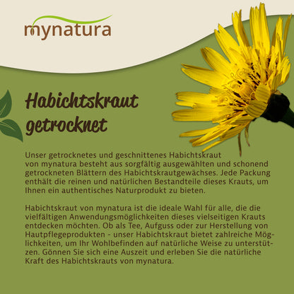 Detailansicht einer gelben Habichtskraut-Blüte mit Text zu getrocknetem, geschnittenem Habichtskraut und Informationen zu Herkunft und Anwendung.